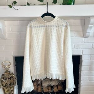 Anthropologie Cream Textured Ruffle-Hem Blouse
